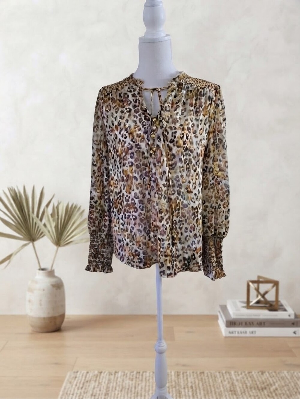 By The River Leopard Print Sheer Boho Blouse Gold Accents Cheetah Office Attire